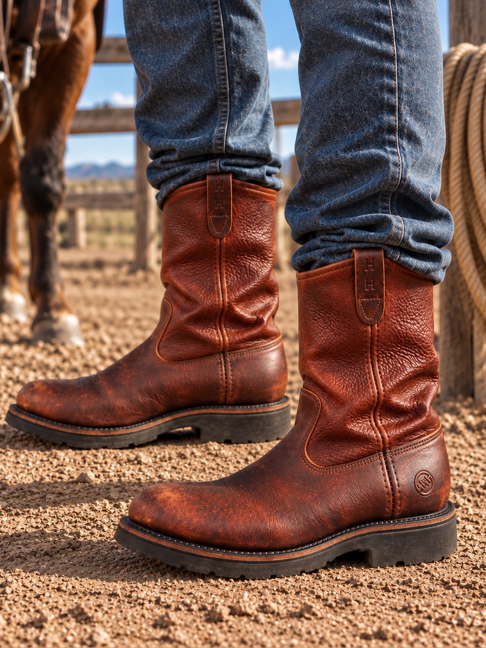 Double H Ranch Wellington Brown Leather Cowboy Boot Mens Sz 9.5